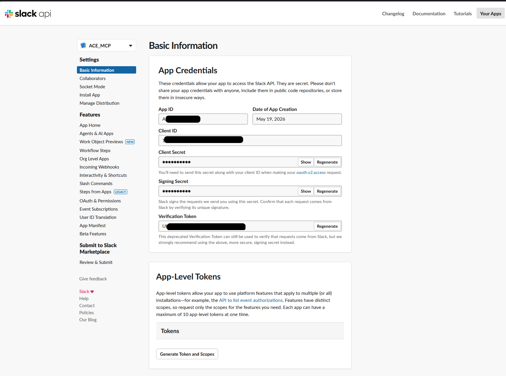 Slack app credentials, redact before publishing