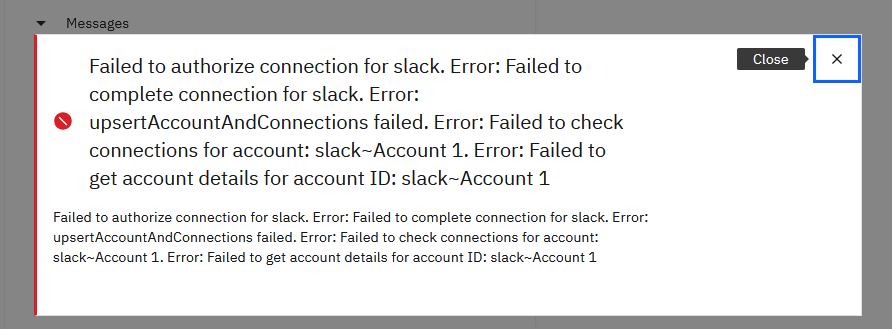 Slack connection error, Failed to get account details