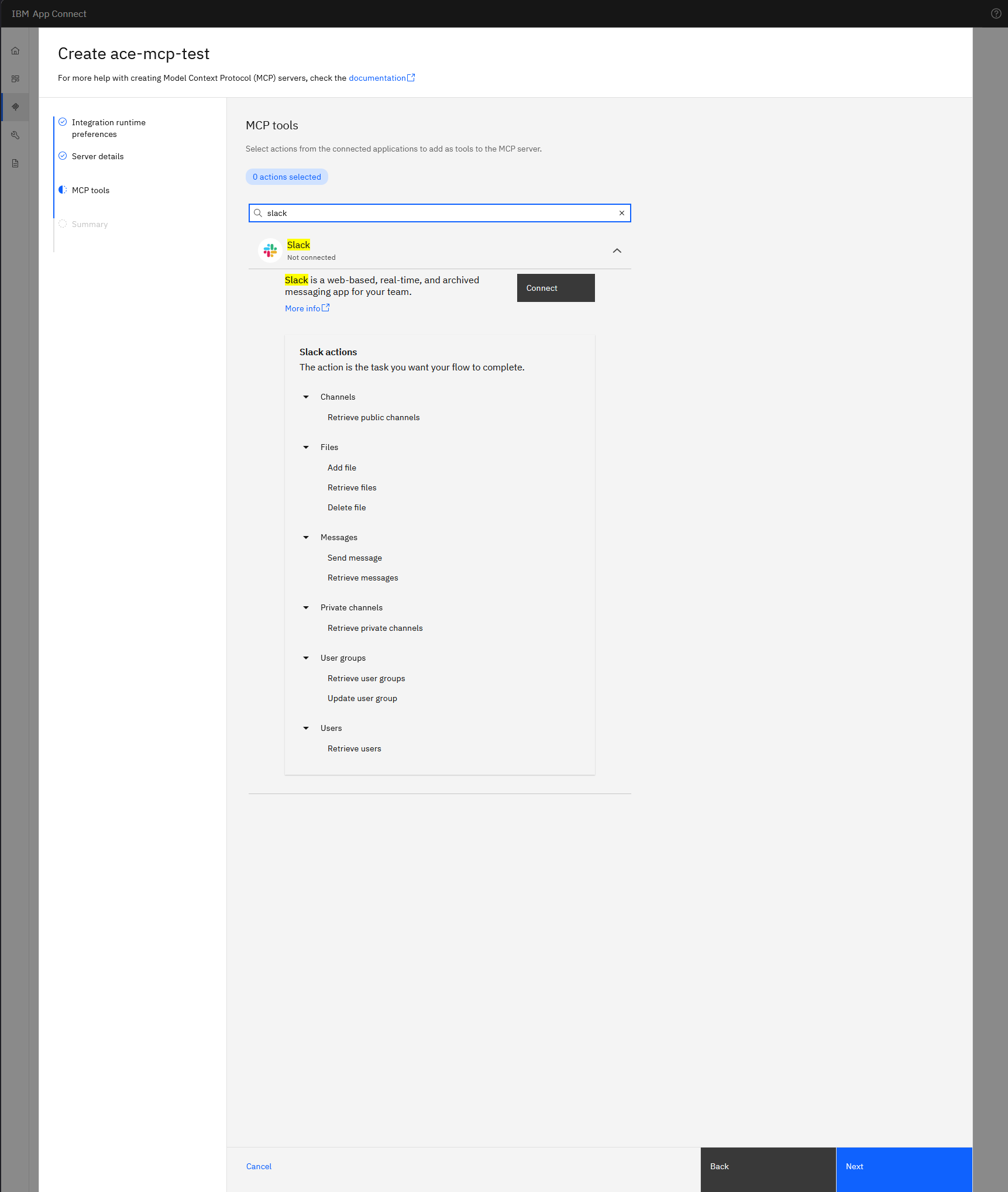 Slack expanded in the wizard, Access token field on top, actions list below