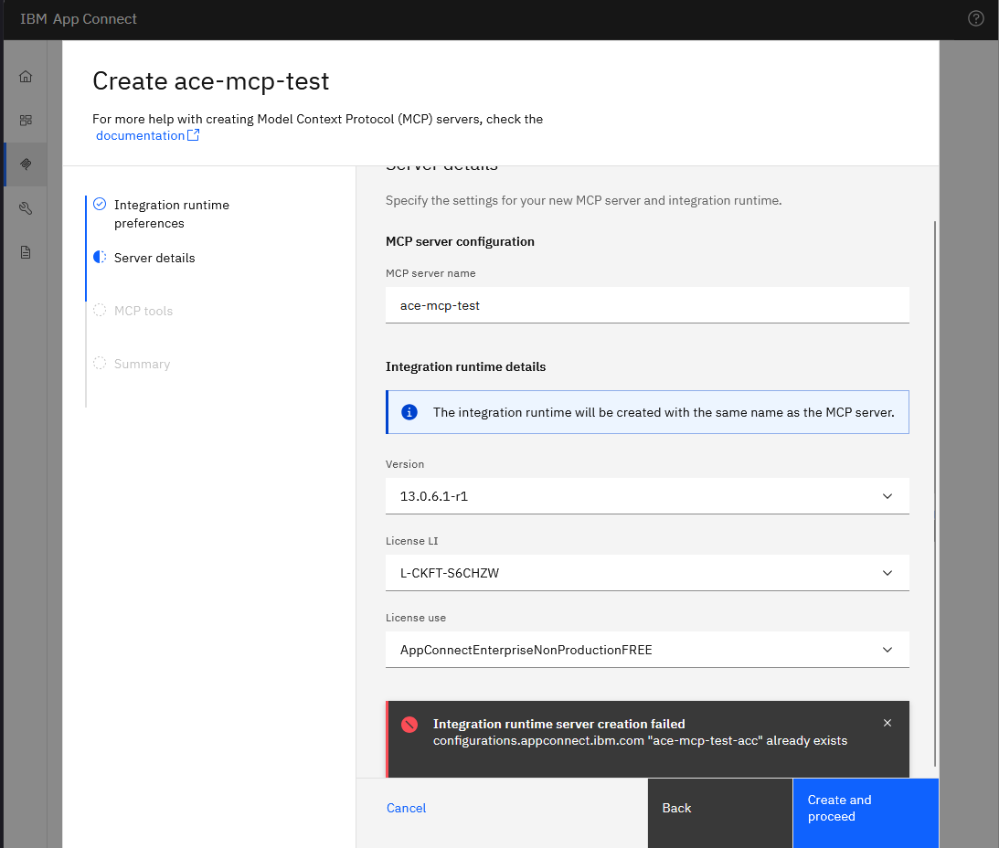Wizard error: ace-mcp-test-acc already exists