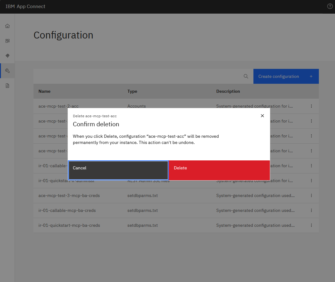 Configuration list with delete confirmation for ace-mcp-test-acc